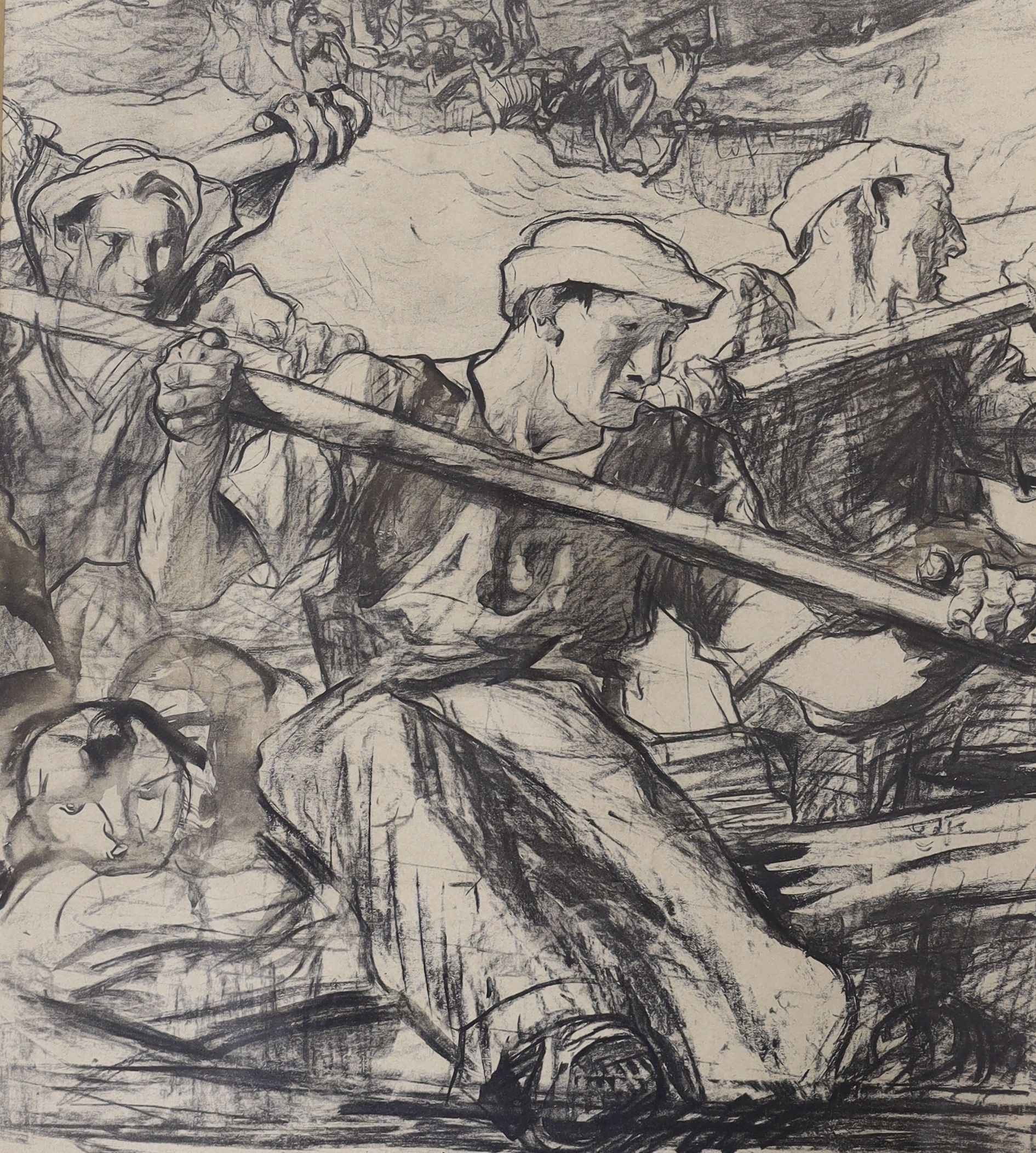 Sir Frank Brangwyn (1867-1956), lithograph, Oarsmen, 41 x 37cm and a watercolour of a mill by Whittaker, dated 1902